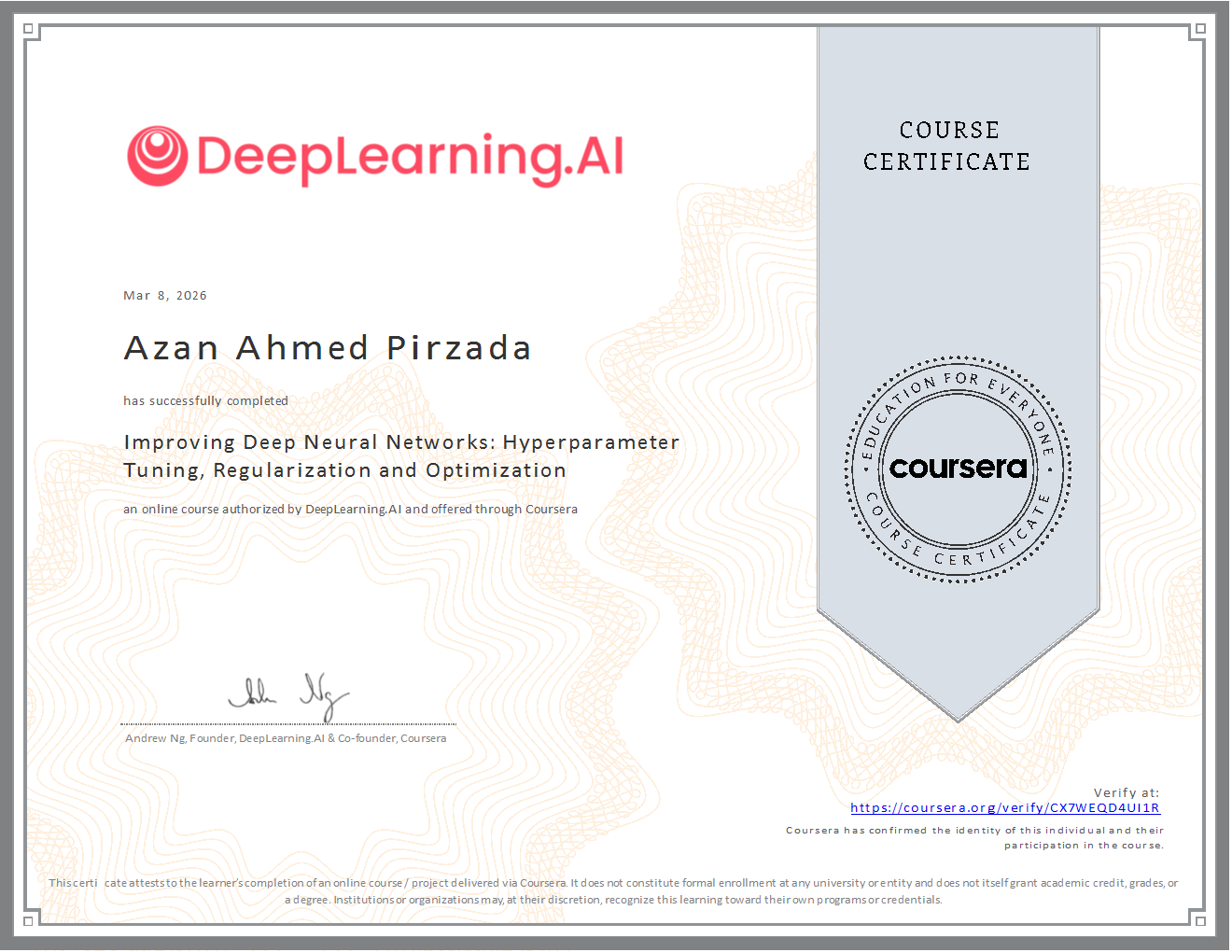 Deep Learning Specialization Course 2 Certificate